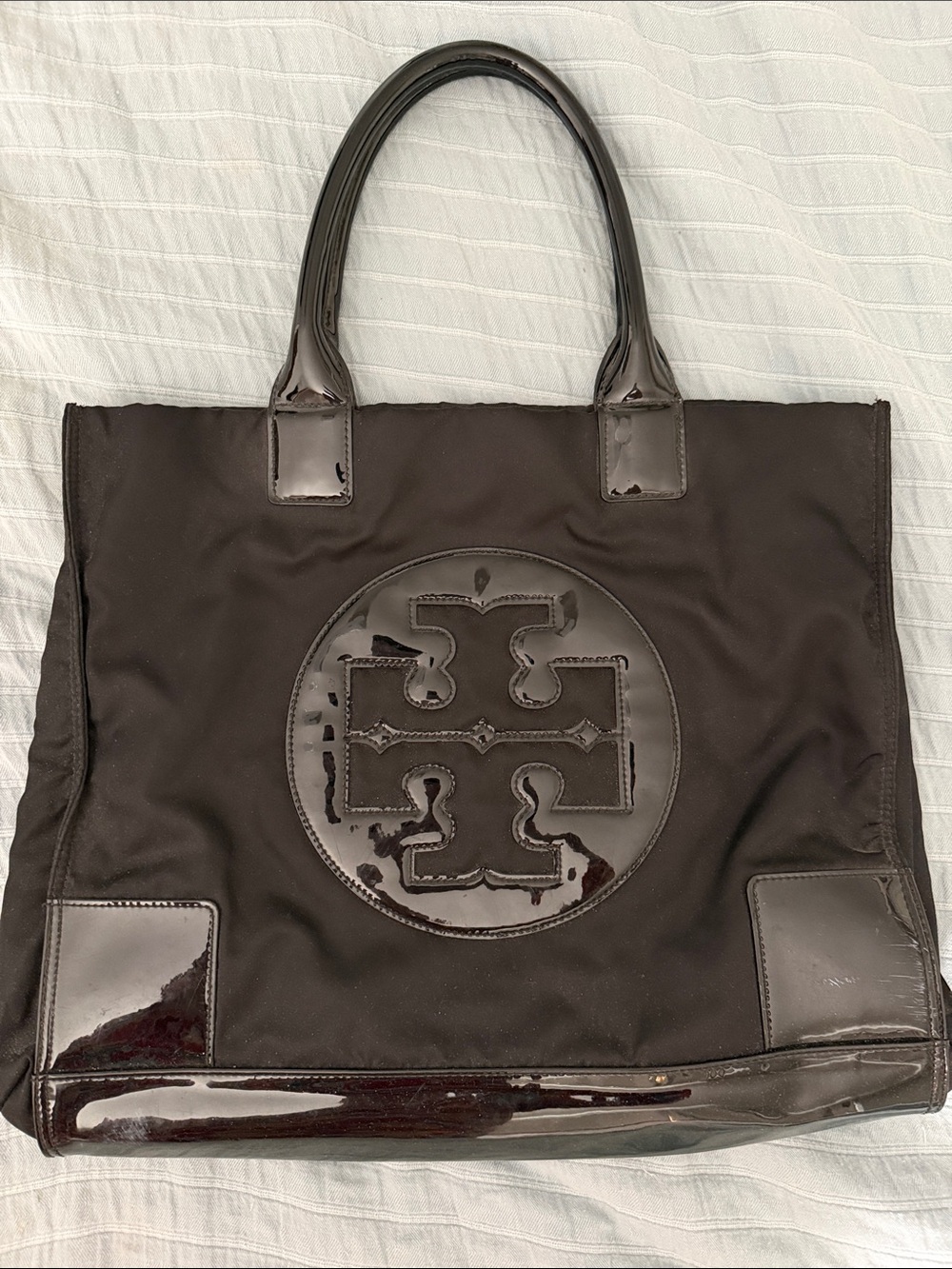 Tory Burch Large Black Nylon Tote with Patent Logo Trim